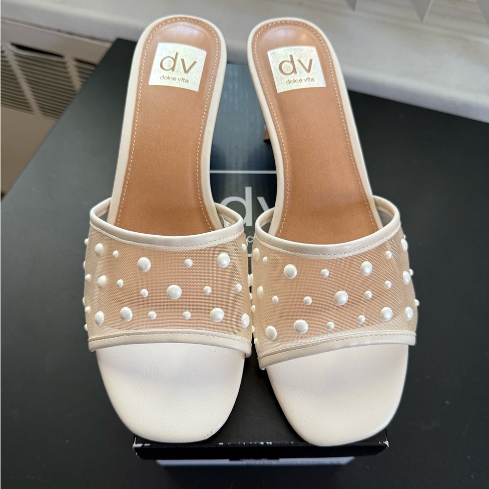 DV by Dolce Vita White and Nude Pearl-Embellished Slide Heels